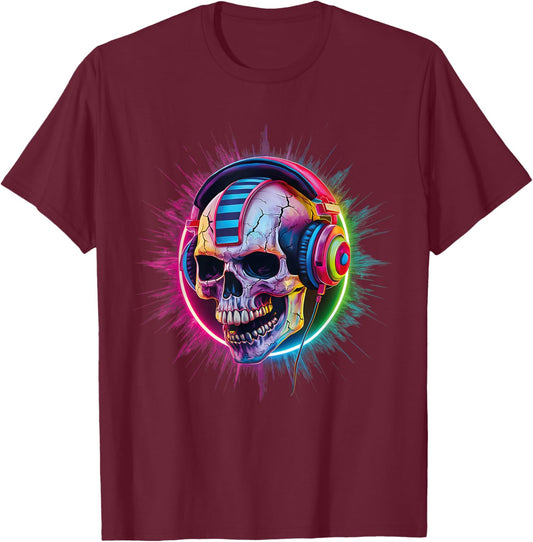 Skull Wearing Headphones Gamer Skeleton Gaming Graffiti T-Shirt - T-Shirt | Maroon