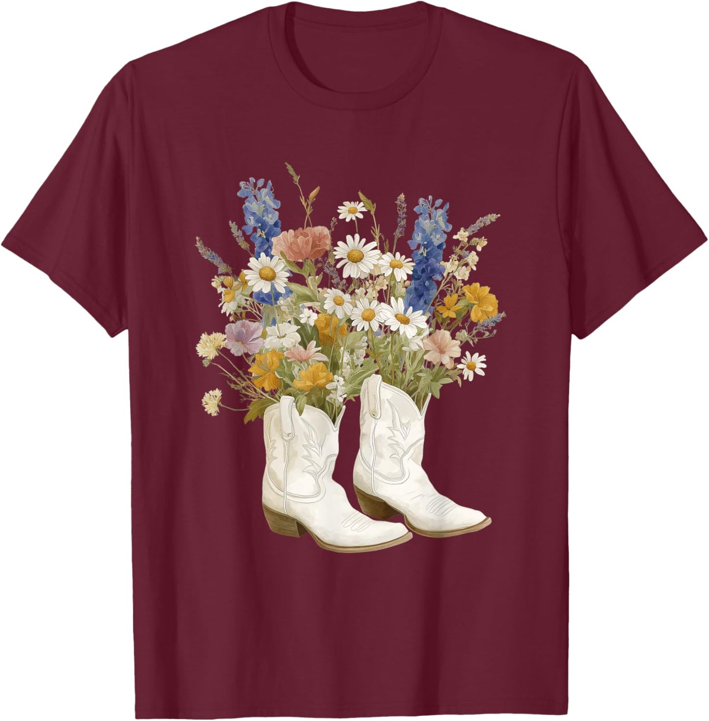 Cowboy Cowgirl Women Boots Flowers Vintage Rodeo Western T-Shirt - T-Shirt | Maroon
