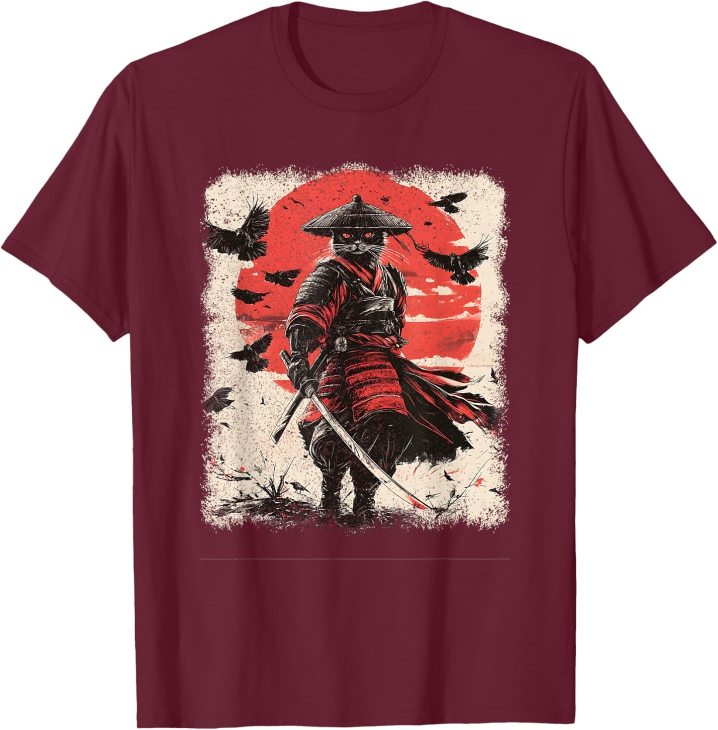 Samurai Cat, Vintage Japanese Warrior Art | Anime & Samurai T-Shirt - T-Shirt | Maroon