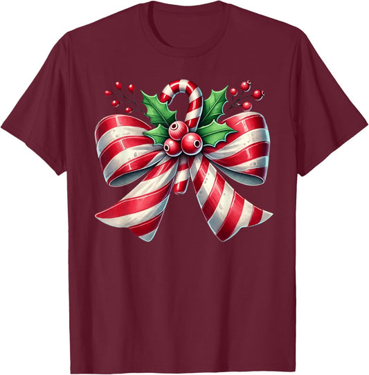 Cute Bow Candy Cane Coquette Christmas T-Shirt - T-Shirt | Maroon