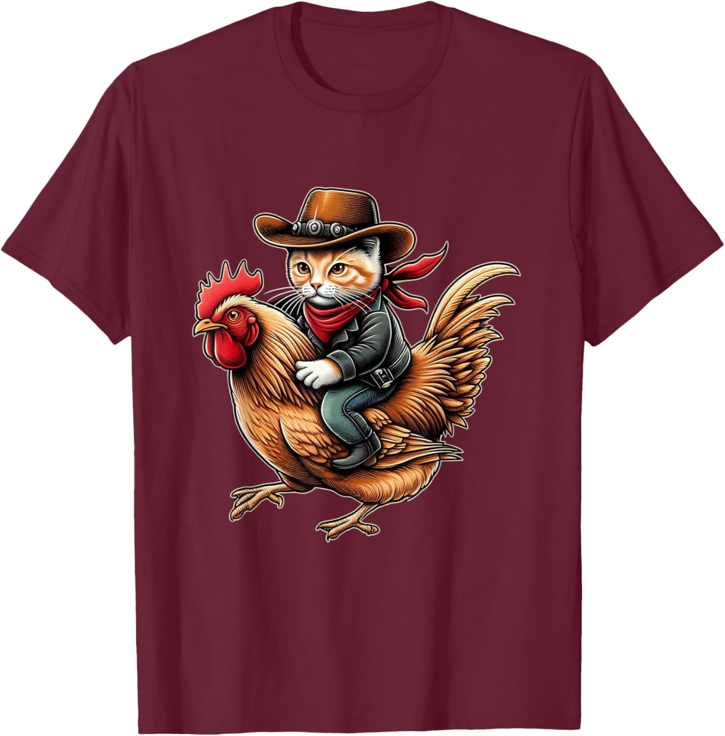 Cowboy Cat Riding Chicken Funny Western Vintage Design T-Shirt - T-Shirt | Maroon