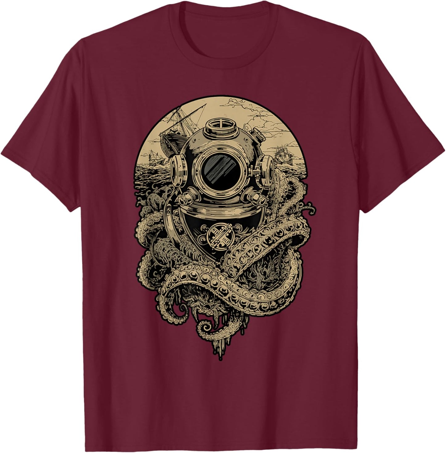 Diving Helmet Vintage Nautical Ocean Deep Water T-Shirt - T-Shirt | Maroon