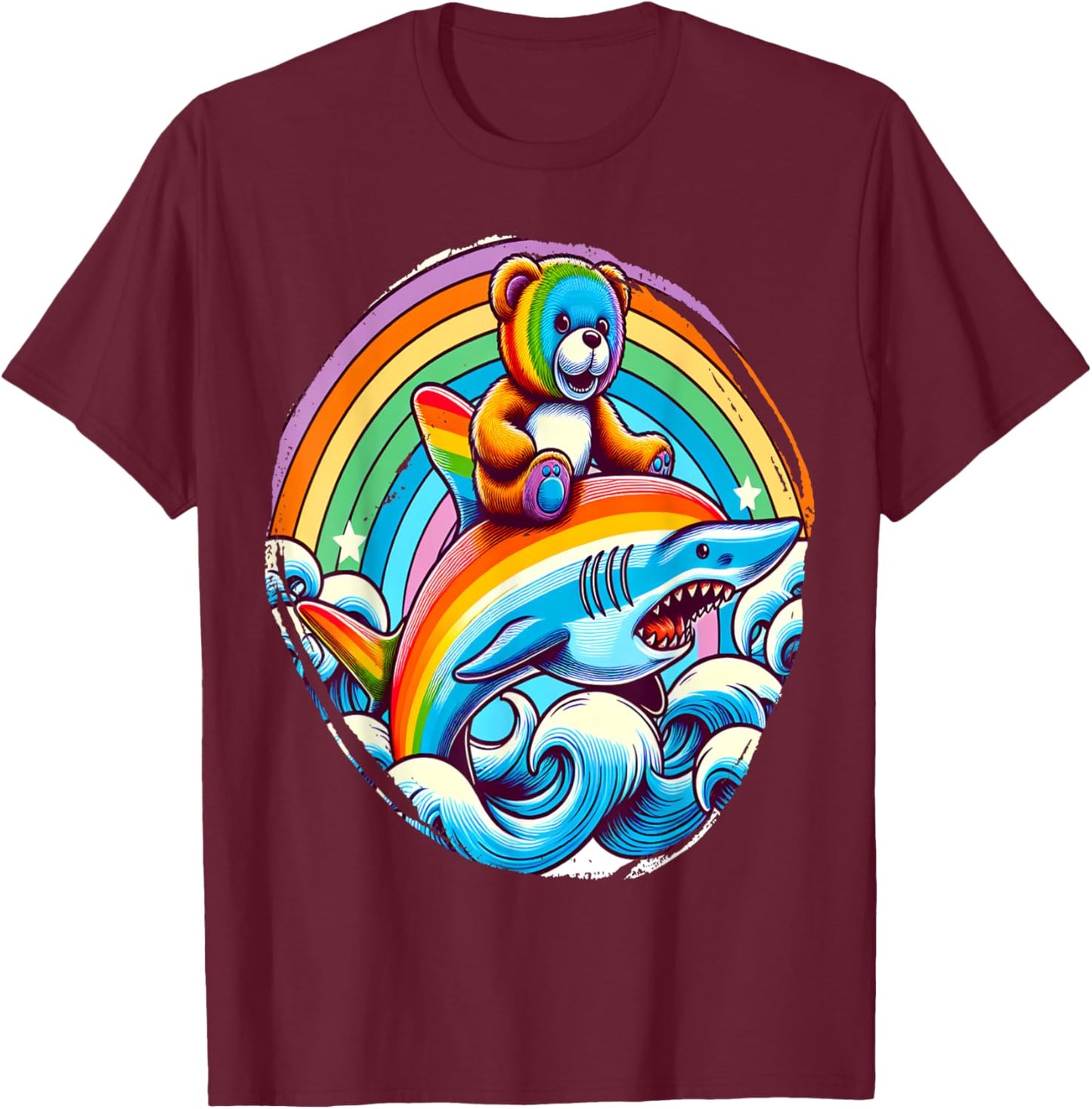 Teddy Bear Riding Shark on Rainbow T-Shirt - T-Shirt | Maroon