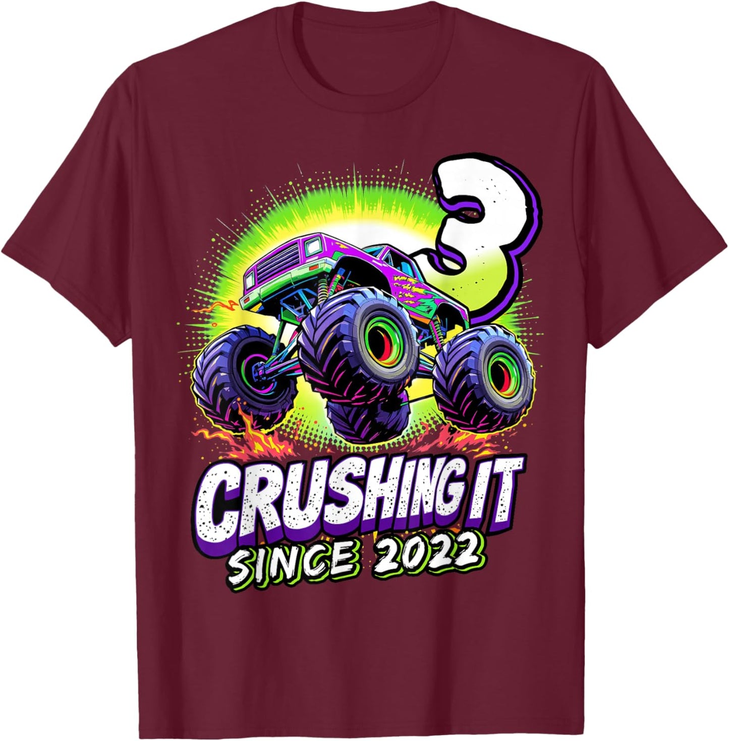 Birthday Monster Truck 3 year Old Boys 3rd Party Born 2022 T-Shirt - T-Shirt | Maroon