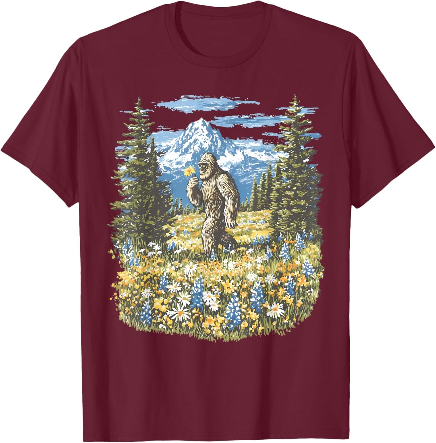 Bigfoot in Flower Field Mountain Hiking Nature Sasquatch T-Shirt - T-Shirt | Maroon