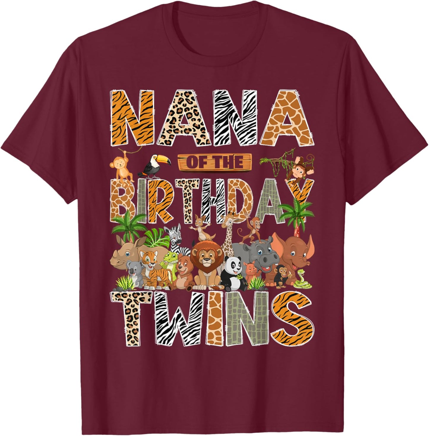 Nana of The Birthday Twins Safari Wild One Zoo Animal T-Shirt - T-Shirt | Maroon