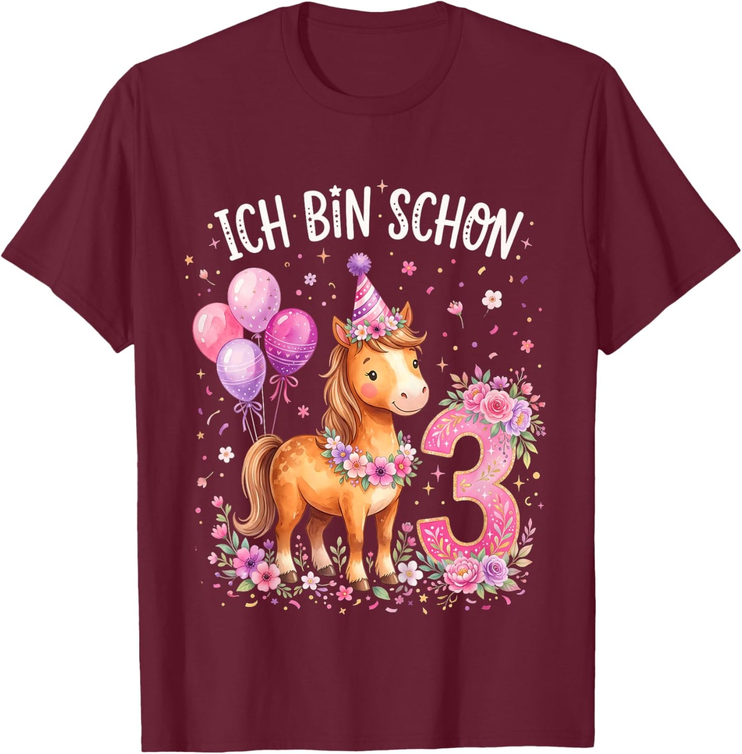 Ich Bin Schon 3 Geburtstag Pferde T-Shirt - T-Shirt | Maroon