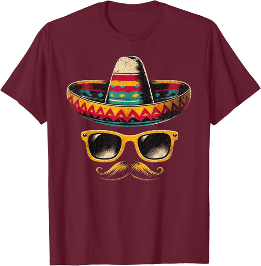 Sombrero Face Cinco De Mayo Mexican Fiesta Party Kids Boys T-Shirt - T-Shirt | Maroon