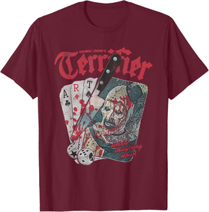 Terrifier Cards and Dice Art The Clown Bloody Knife Horror T-Shirt - T-Shirt | Maroon