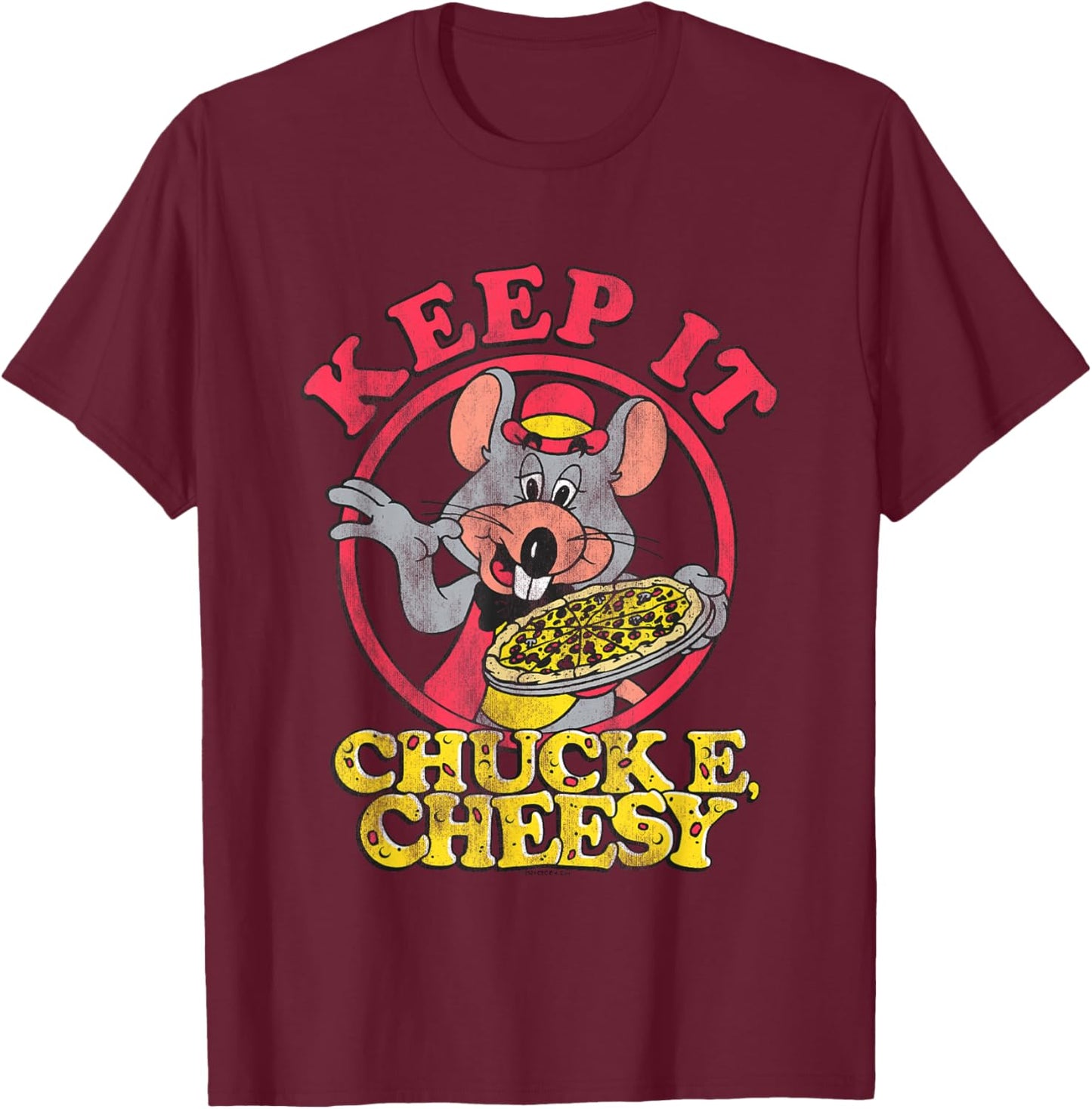 Chuck E. Cheese Keep It Cheesy Distressed Big Chest Logo T-Shirt - T-Shirt | Maroon