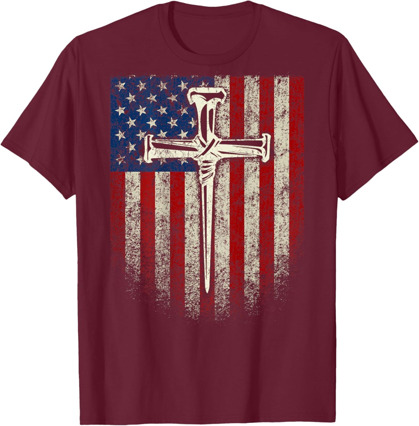 (Art on Back) American US Flag Cross Christian T-Shirt - T-Shirt | Maroon