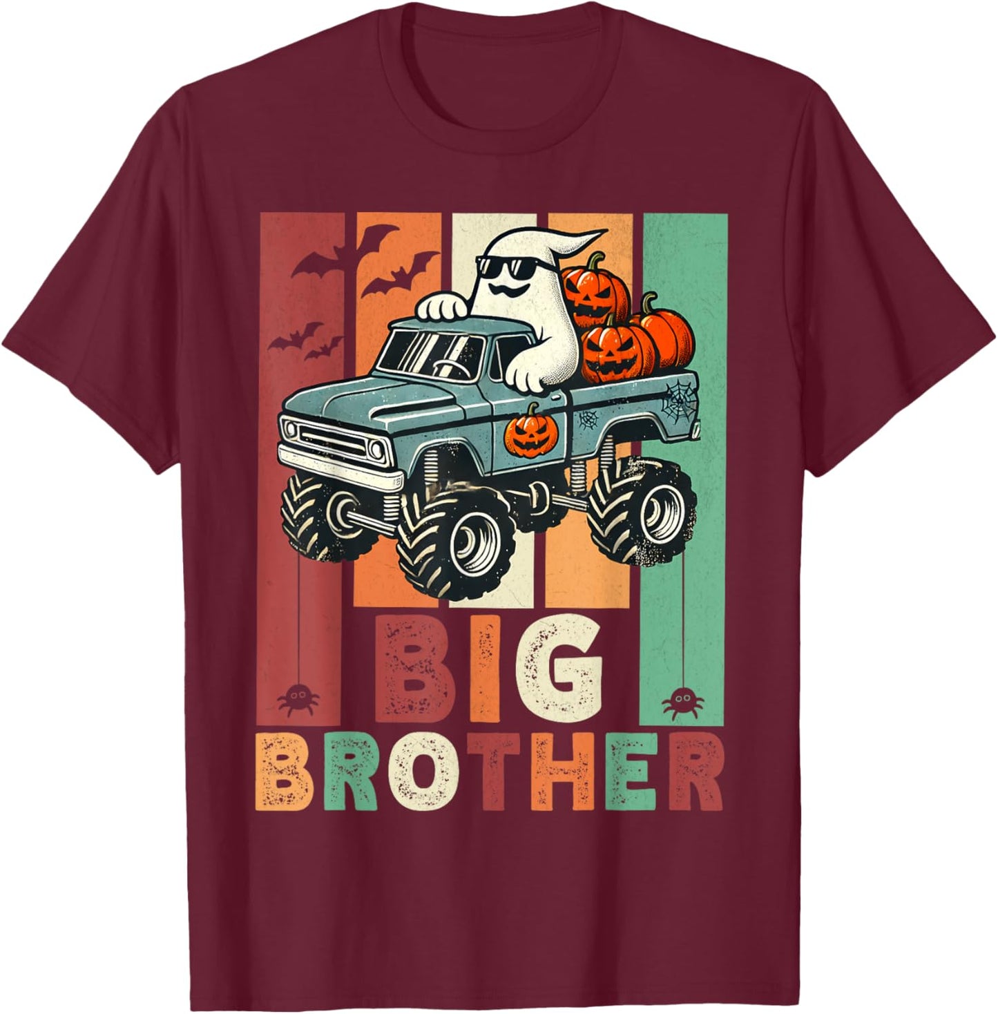 Vintage Ghost Monster Truck Halloween Big Brothers Pumpkins T-Shirt - T-Shirt | Maroon