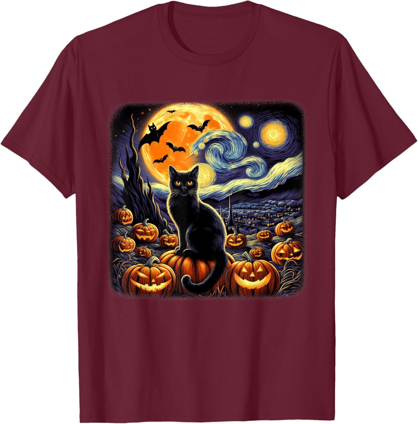 Van Gogh Cat Starry Night Cat Halloween Pumpkin Cat Lovers T-Shirt - T-Shirt | Maroon