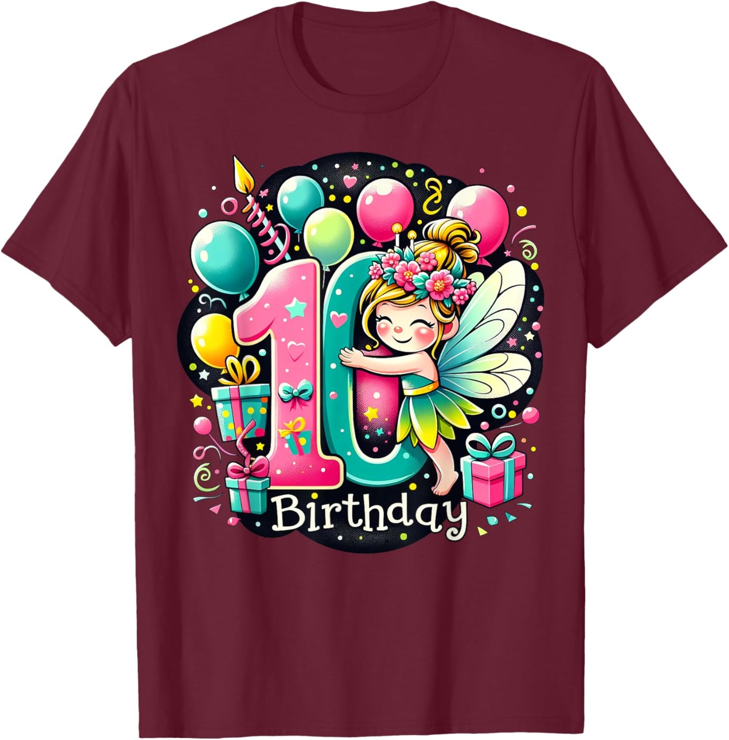 Kids Fairy Theme tenth Bday Party 10th Fairy Birthday T-Shirt - T-Shirt | Maroon