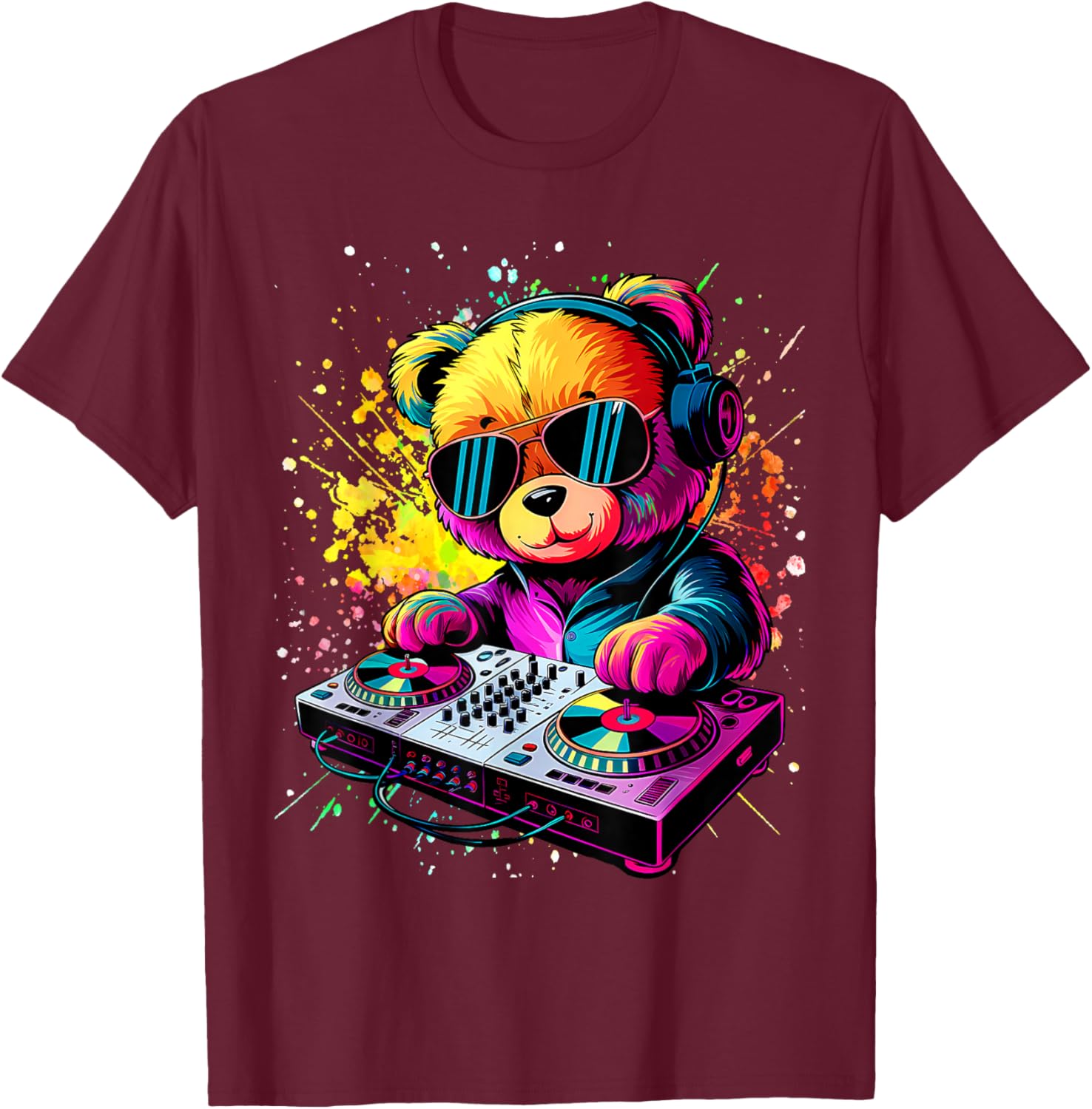 Cartoon Teddy DJ T-Shirt - T-Shirt | Maroon