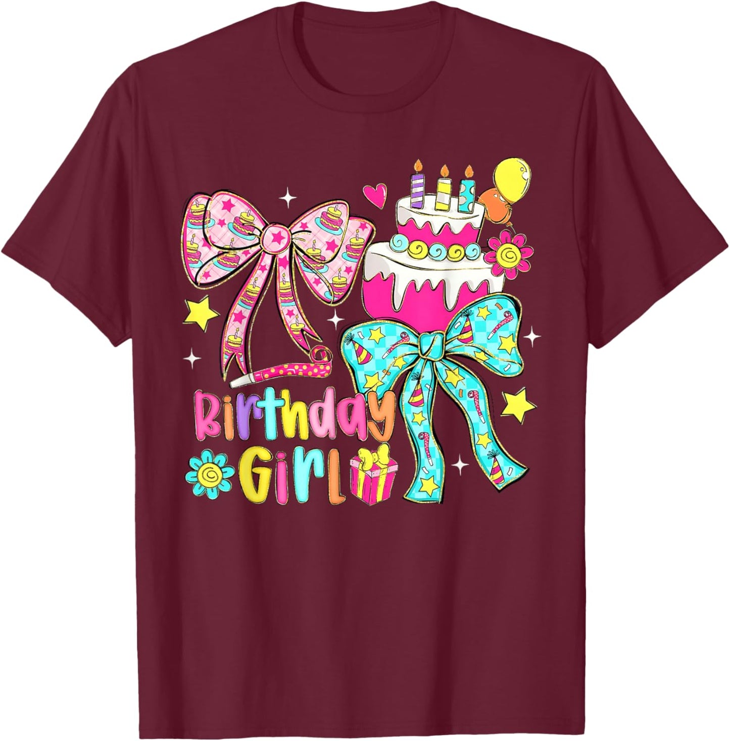 Happy Birthday Pink Coquette Bow Birthday Girl Women Kid T-Shirt - T-Shirt | Maroon