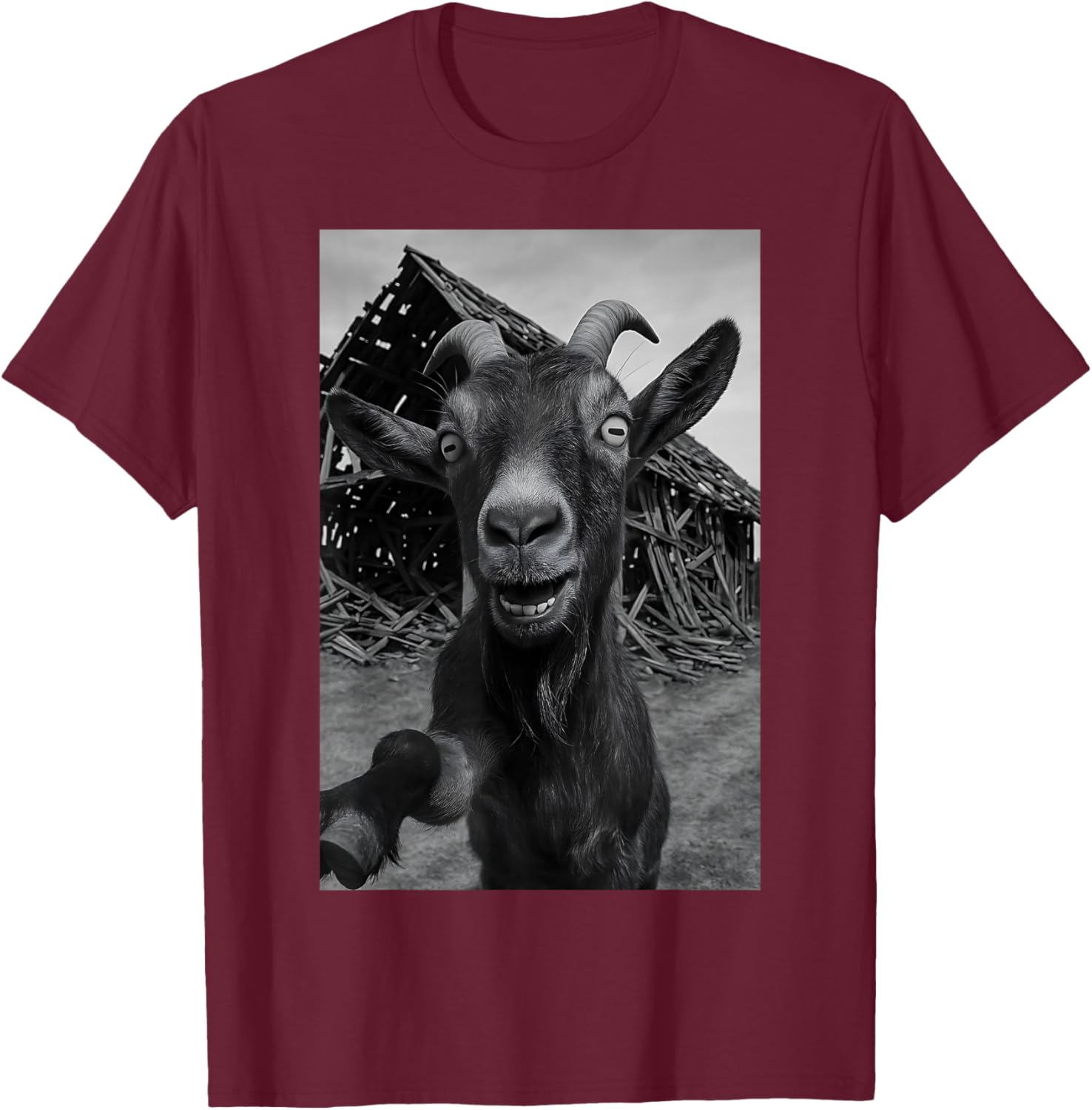 Goat Meme Country Humor Farm Chaos Scene Broken Barnyard T-Shirt - T-Shirt | Maroon