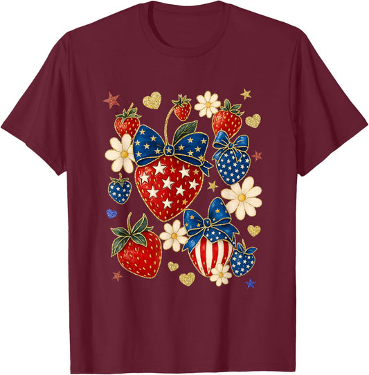 Boho 4th of July Preppy Strawberry, USA Patriotic Bow Girls T-Shirt - T-Shirt | Maroon