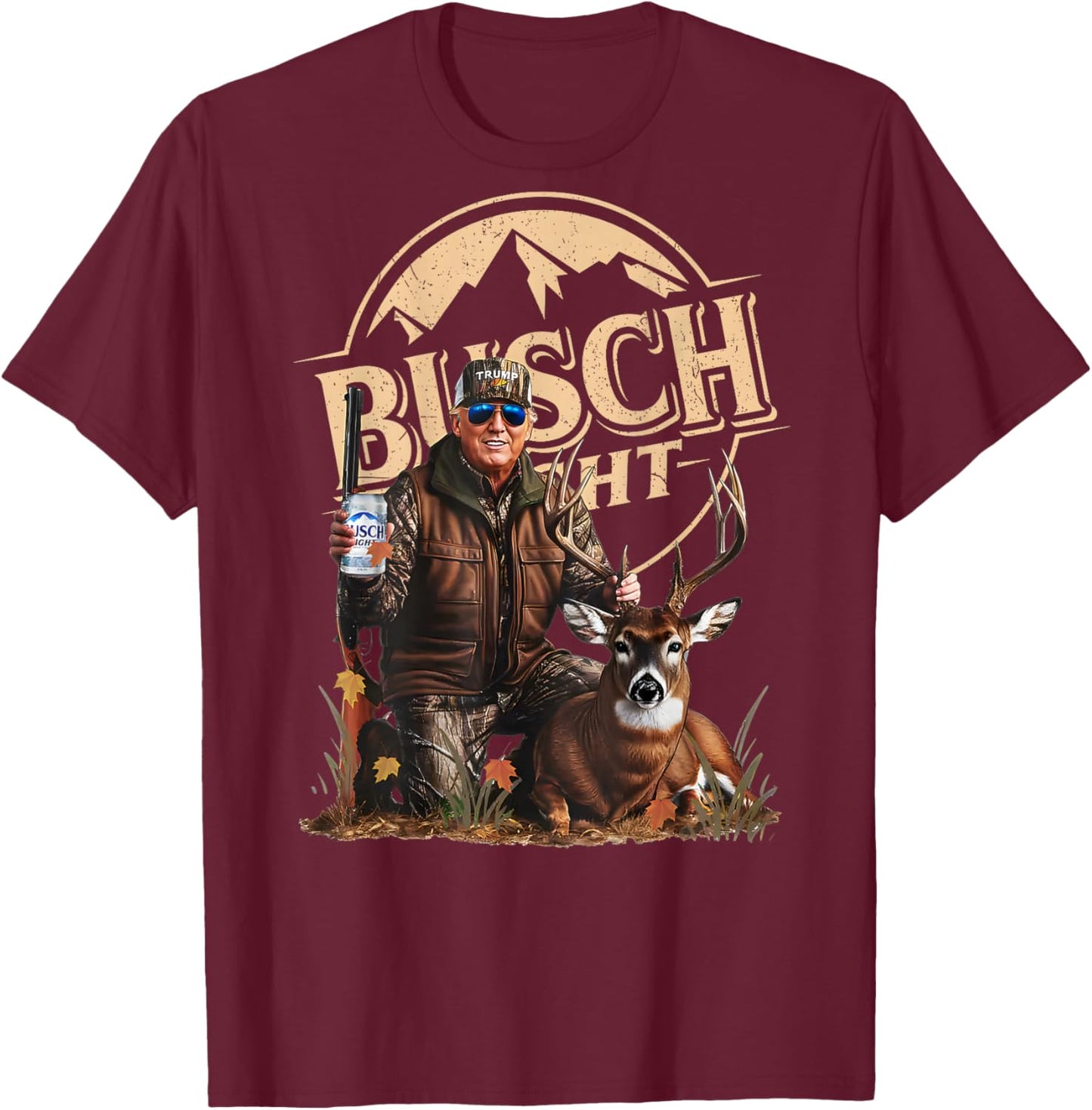 Retro Trump Hunting Deer Funny Beer Drinking Hunting ON Back T-Shirt - T-Shirt | Maroon