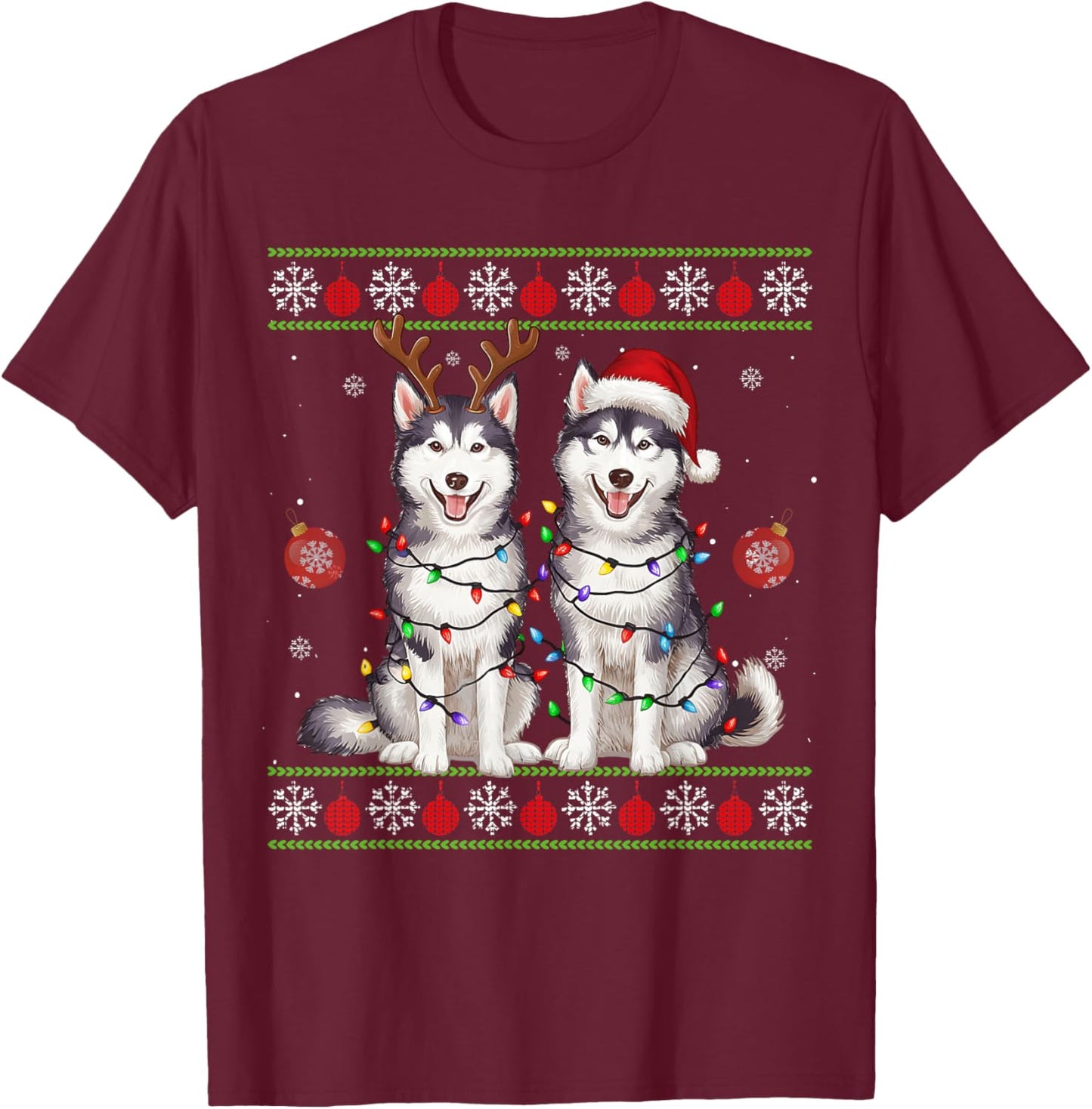 Siberian Husky Christmas Santa Reindeer Christmas Sweater T-Shirt - T-Shirt | Maroon
