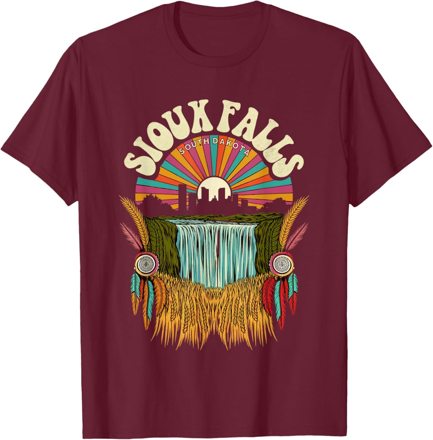 Retro Sioux Falls South Dakota Sunset Skyline Vintage T-Shirt - T-Shirt | Maroon