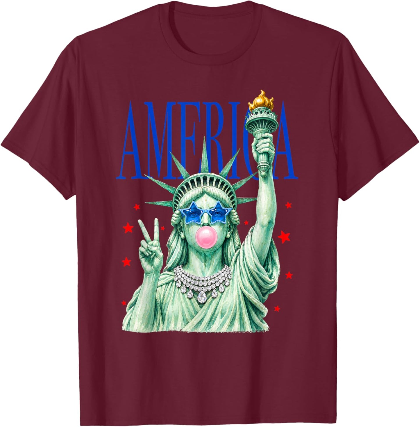 4th of July Statue of Liberty Blowing Bubble USA Girly Women T-Shirt - T-Shirt | Maroon