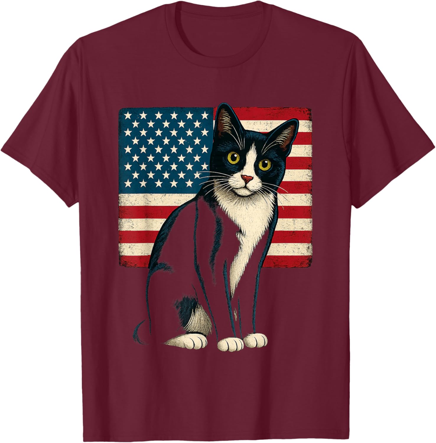 Tuxedo Cat 4th of July Patriotic Adults Kids T-Shirt - T-Shirt | Maroon