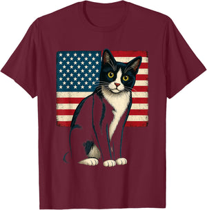 Tuxedo Cat 4th of July Patriotic Adults Kids T-Shirt - T-Shirt | Maroon
