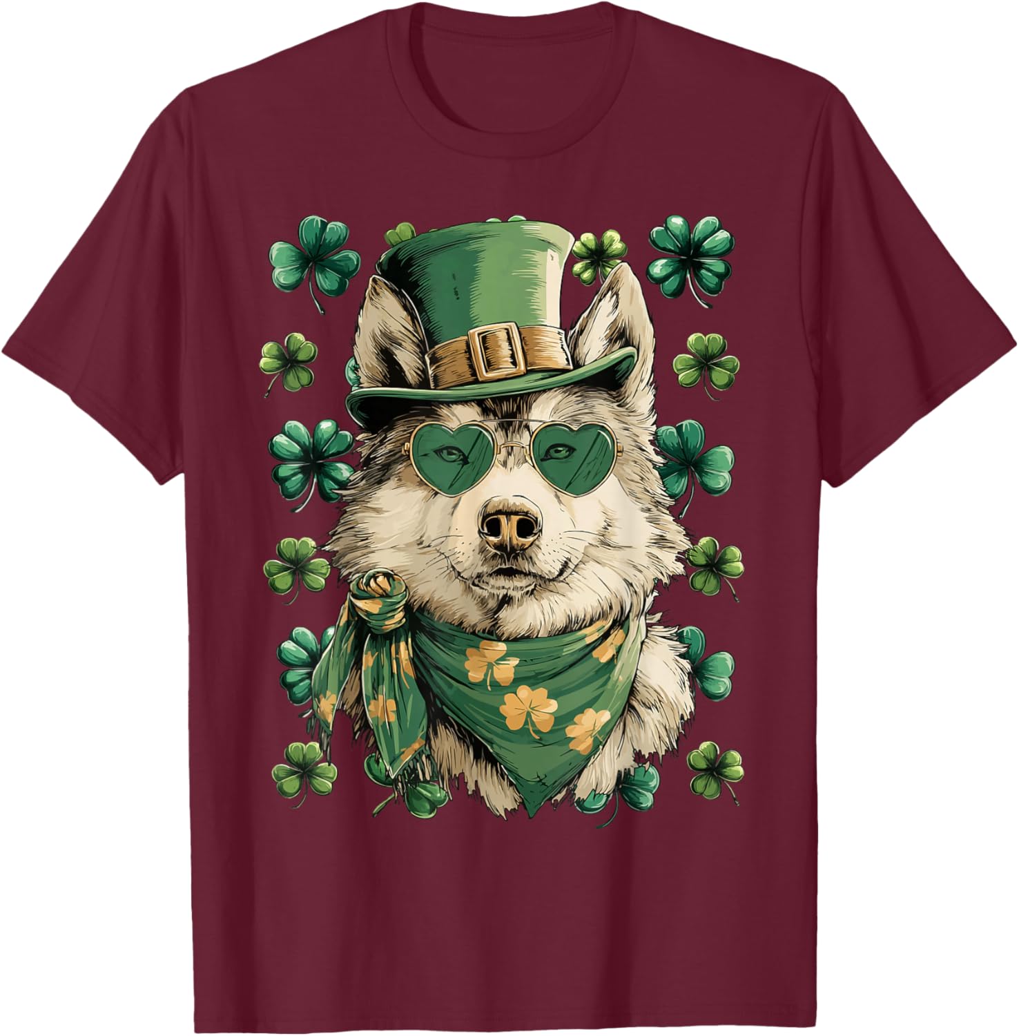 Lunettes de Soleil Loup Irlandais avec cœurs Trèfle St Patrick T-Shirt - T-Shirt | Maroon