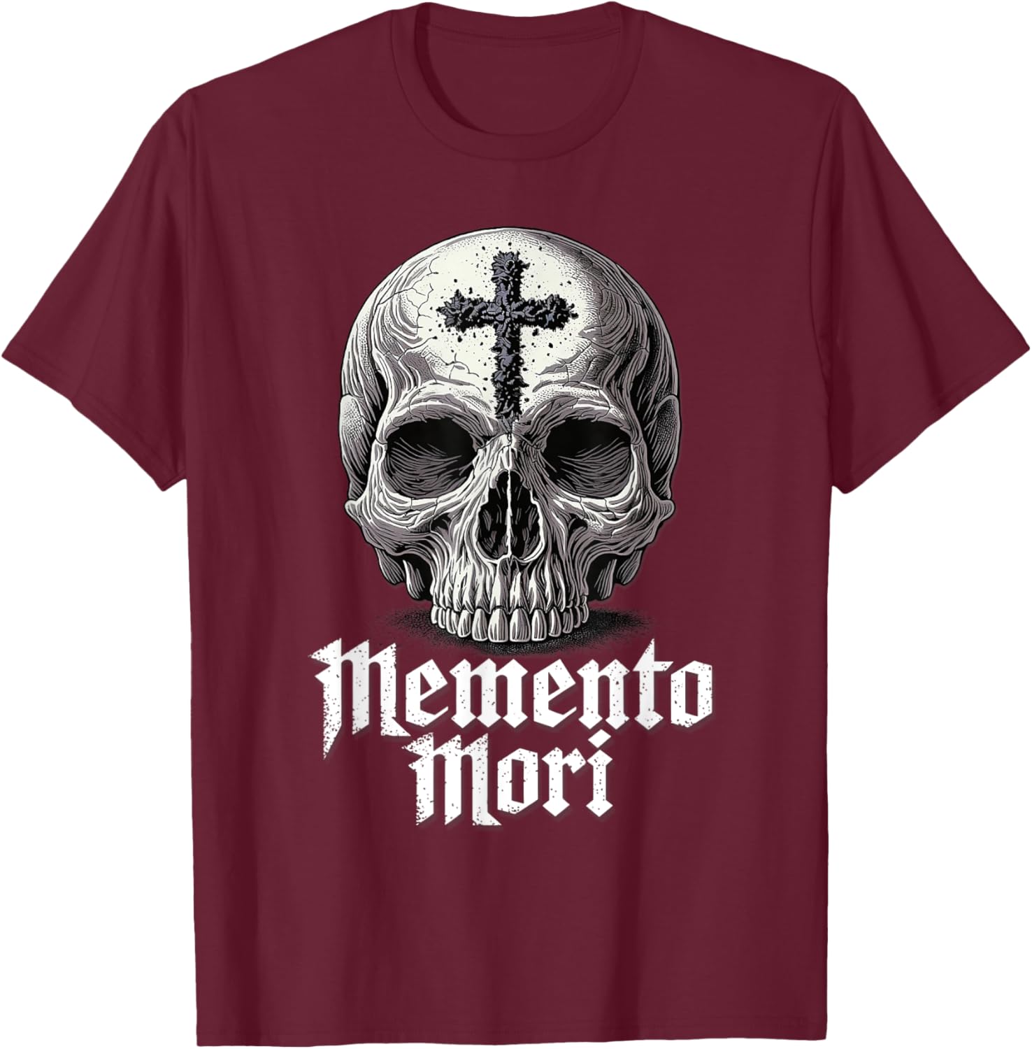 Memento Mori Catholic Crucifix Traditional Latin Mass Skull T-Shirt - T-Shirt | Maroon