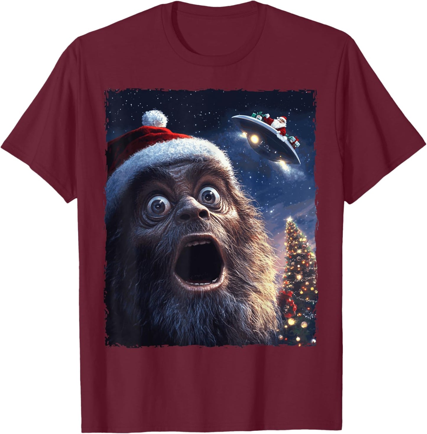 Funny Bigfoot Sasquatch Selfie Santa Ufo Xmas Christmas T-Shirt - T-Shirt | Maroon