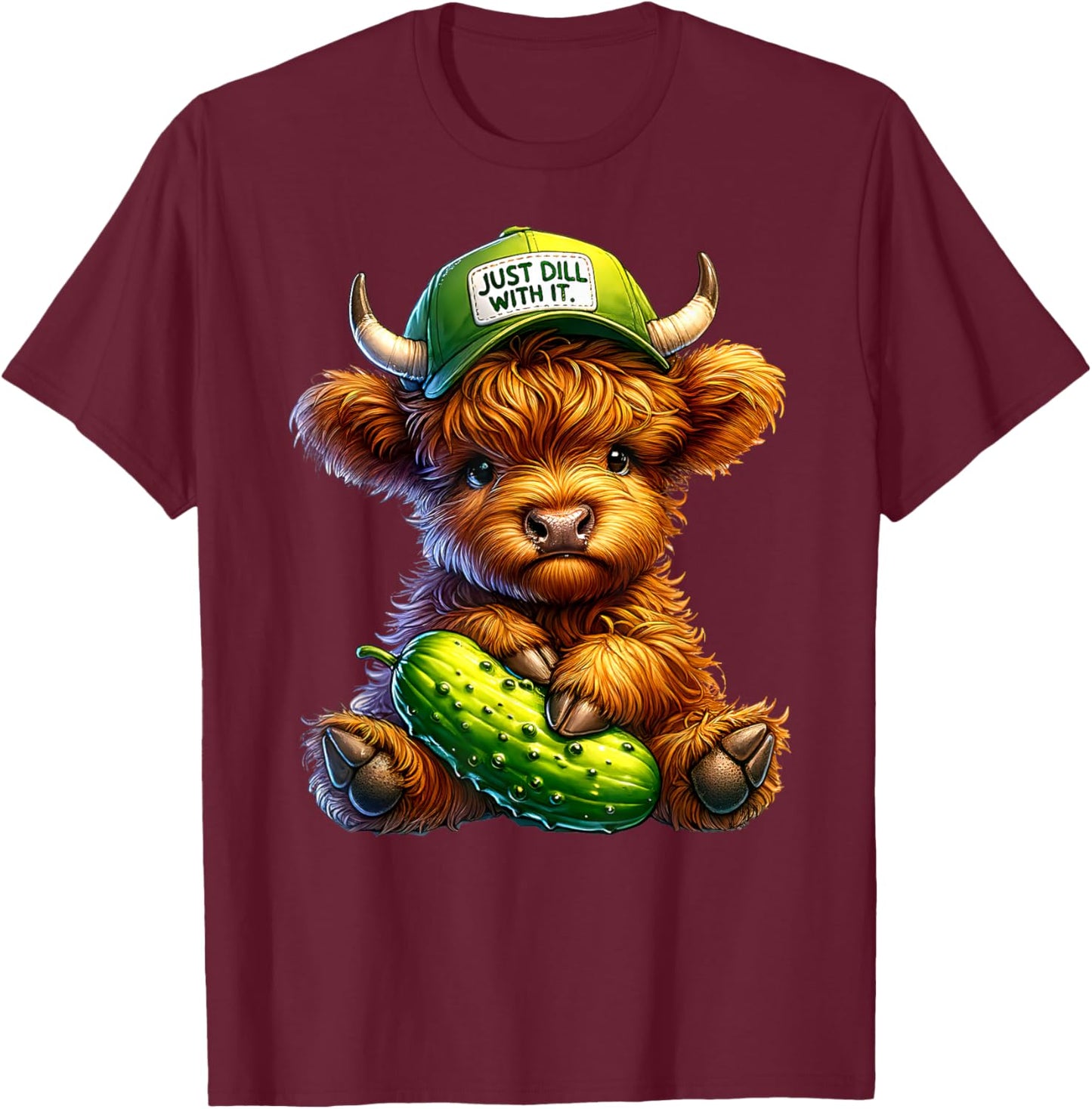 Dill With It Cute Highland Cow Pickle Hat Farm Animal Lover T-Shirt - T-Shirt | Maroon