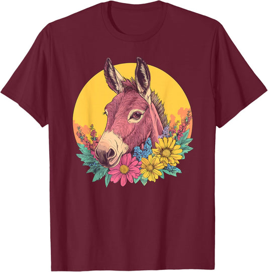 Donkey In Flowers With Yellow Sun T-Shirt - T-Shirt | Maroon