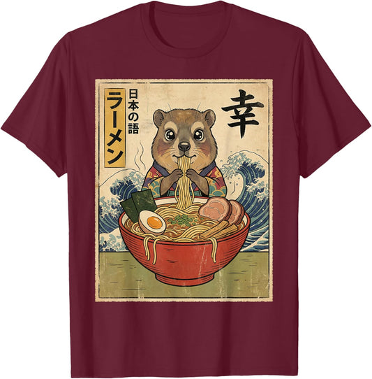 Kawaii Rock Hyrax Eating Ramen Noodles Bowl Cute Anime T-Shirt - T-Shirt | Maroon