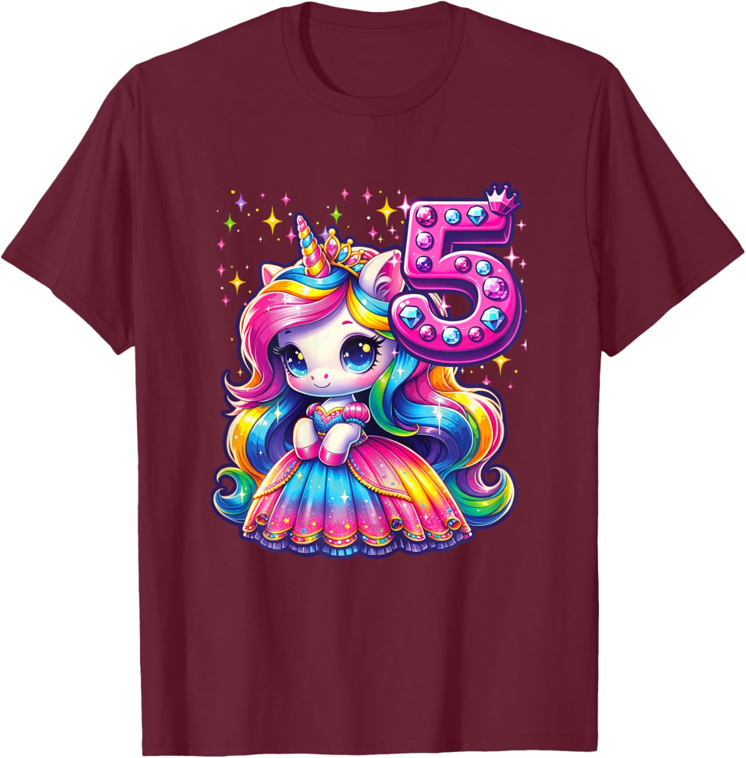Unicorn Princess 5th Birthday 5 Year Old Party Girl Outfit T-Shirt - T-Shirt | Maroon