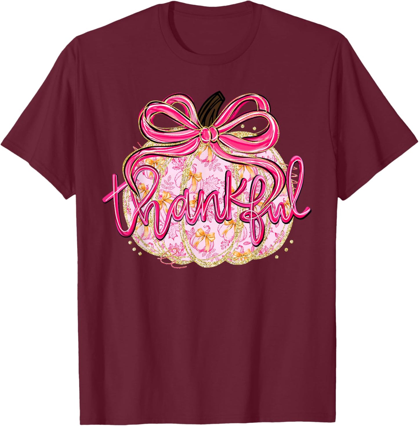 Coquette Bow Thankful Pumpkin Season Thanksgiving Autumn T-Shirt - T-Shirt | Maroon
