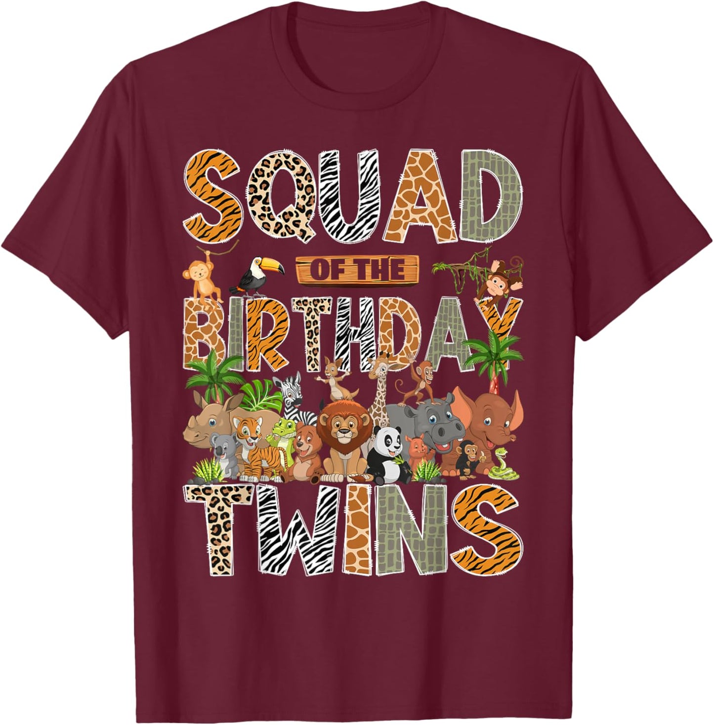 Squad of The Birthday Twins Safari Wild One Zoo Animal T-Shirt - T-Shirt | Maroon