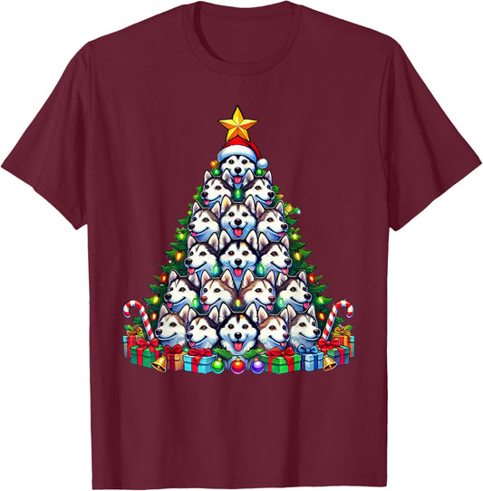 Siberian Husky Dog Christmas Tree Funny Husky Xmas T-Shirt - T-Shirt | Maroon