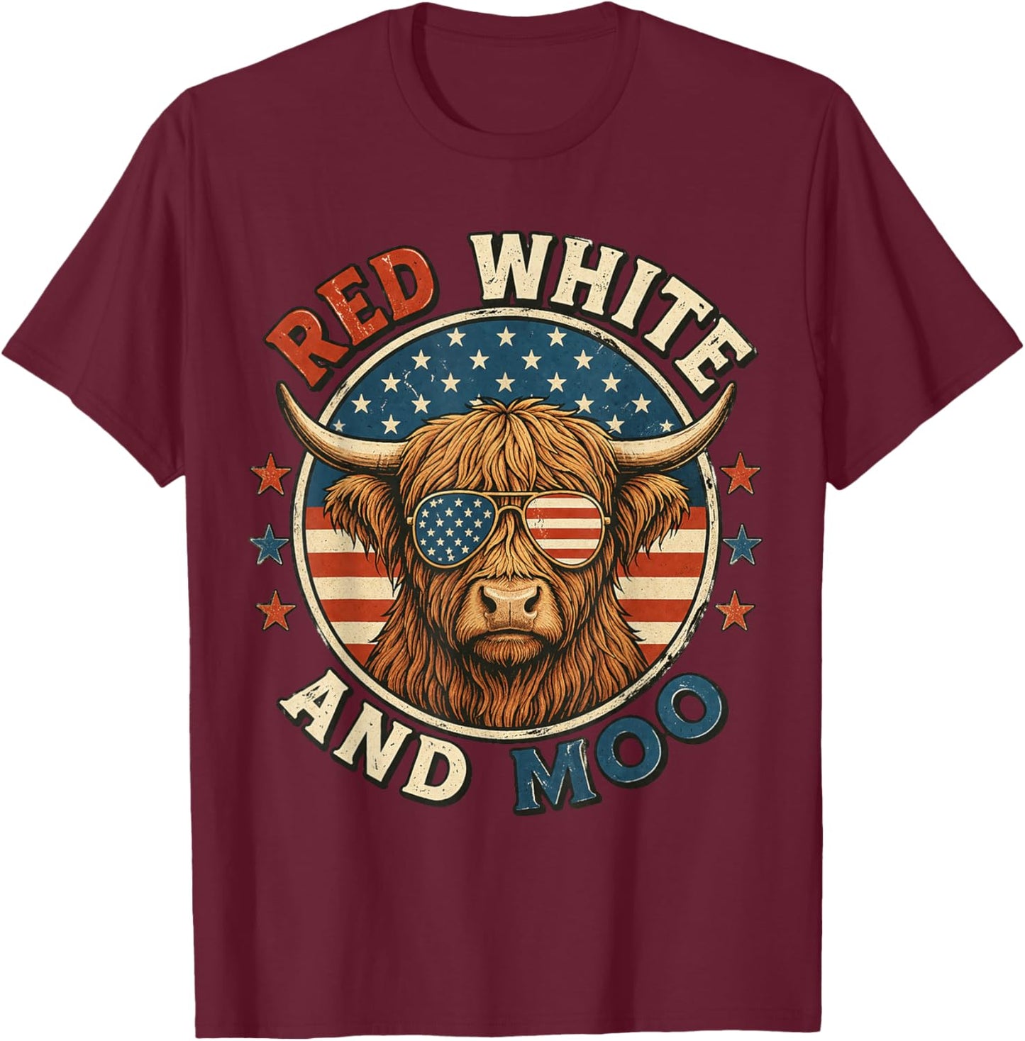 Red White and Moo Funny Highland Cow 4th of July Patriotic T-Shirt - T-Shirt | Maroon