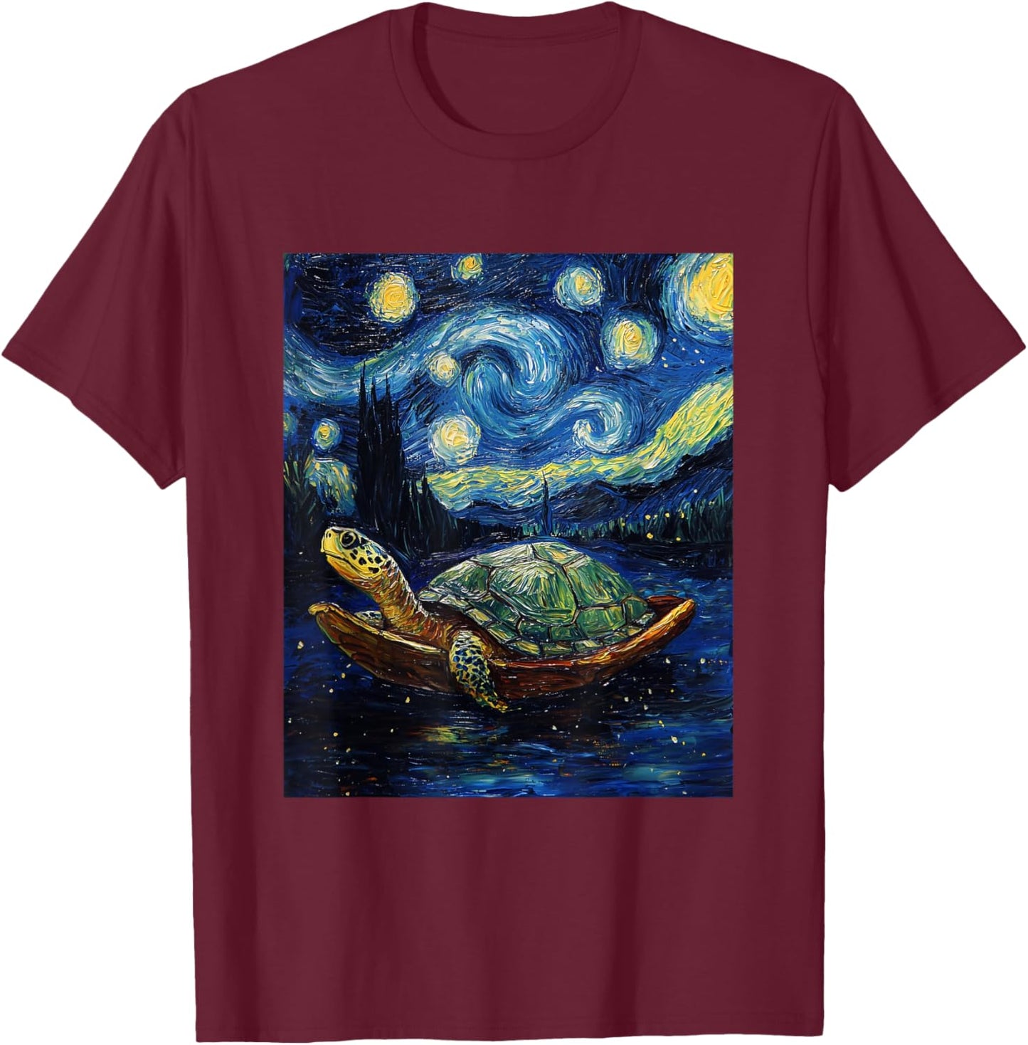 Cute Tortoise Turtle - Van Gogh Style - Starry Night Graphic T-Shirt - T-Shirt | Maroon