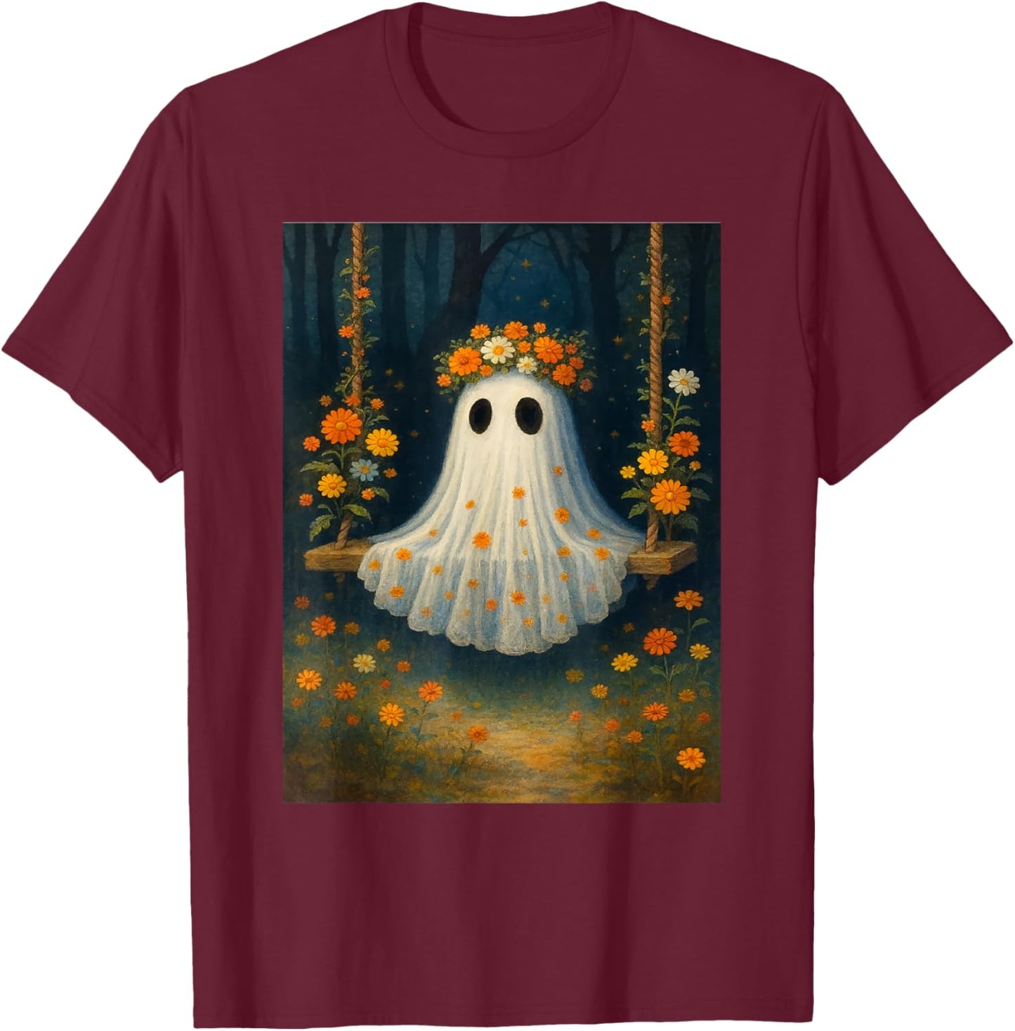 Vintage Floral Ghost Halloween Ghost in The Forest Gothic T-Shirt - T-Shirt | Maroon