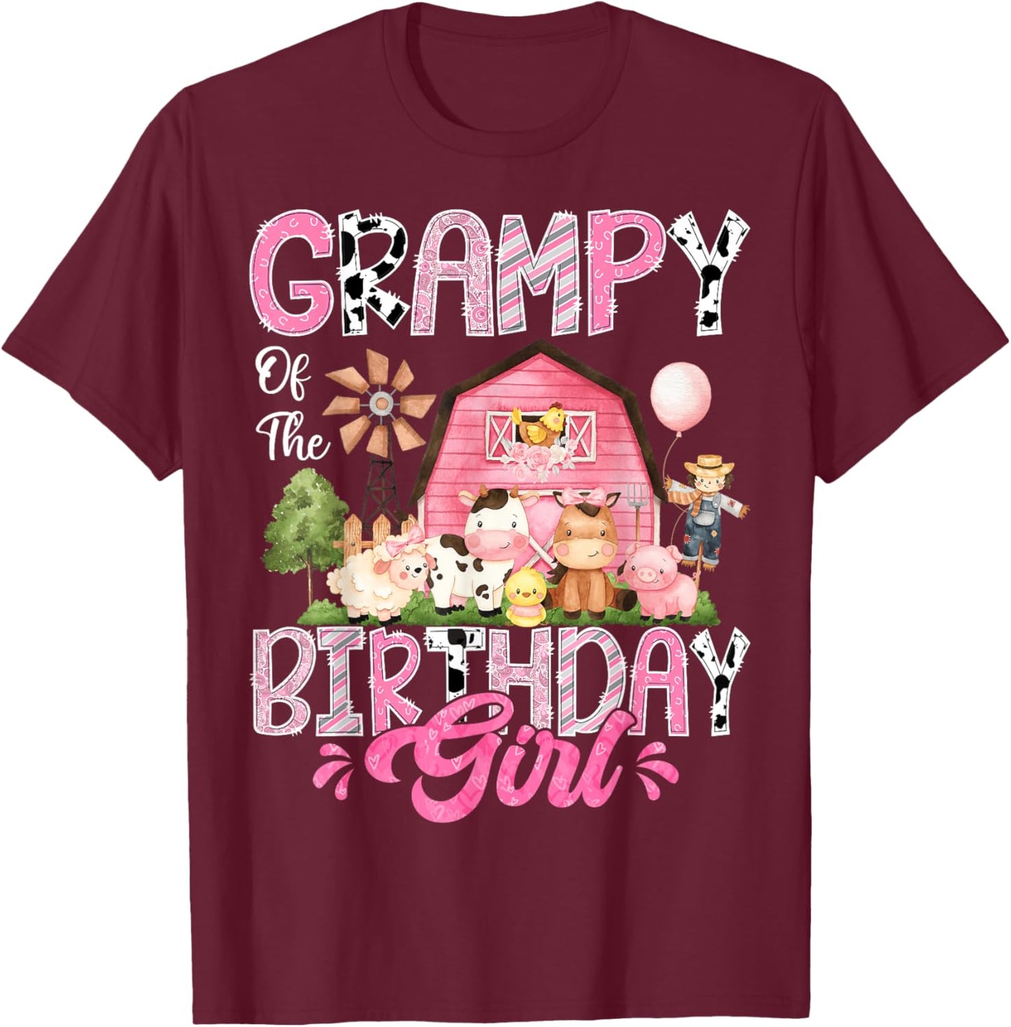 Grampy Of The Birthday Girl Pink Farm Cow First Birthday T-Shirt - T-Shirt | Maroon
