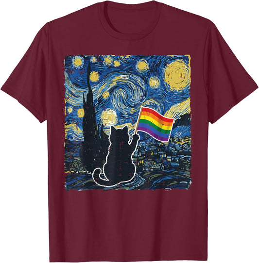 Starry Night Cat Rainbow Flag Funny Gay Pride LGBT Men Women T-Shirt - T-Shirt | Maroon