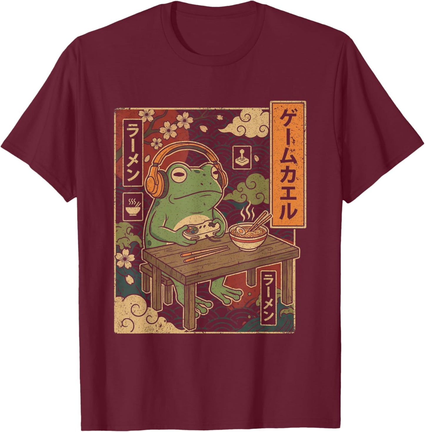 Japanese Gamer Frog Art Men Women Boys Ramen Gaming T-Shirt - T-Shirt | Maroon