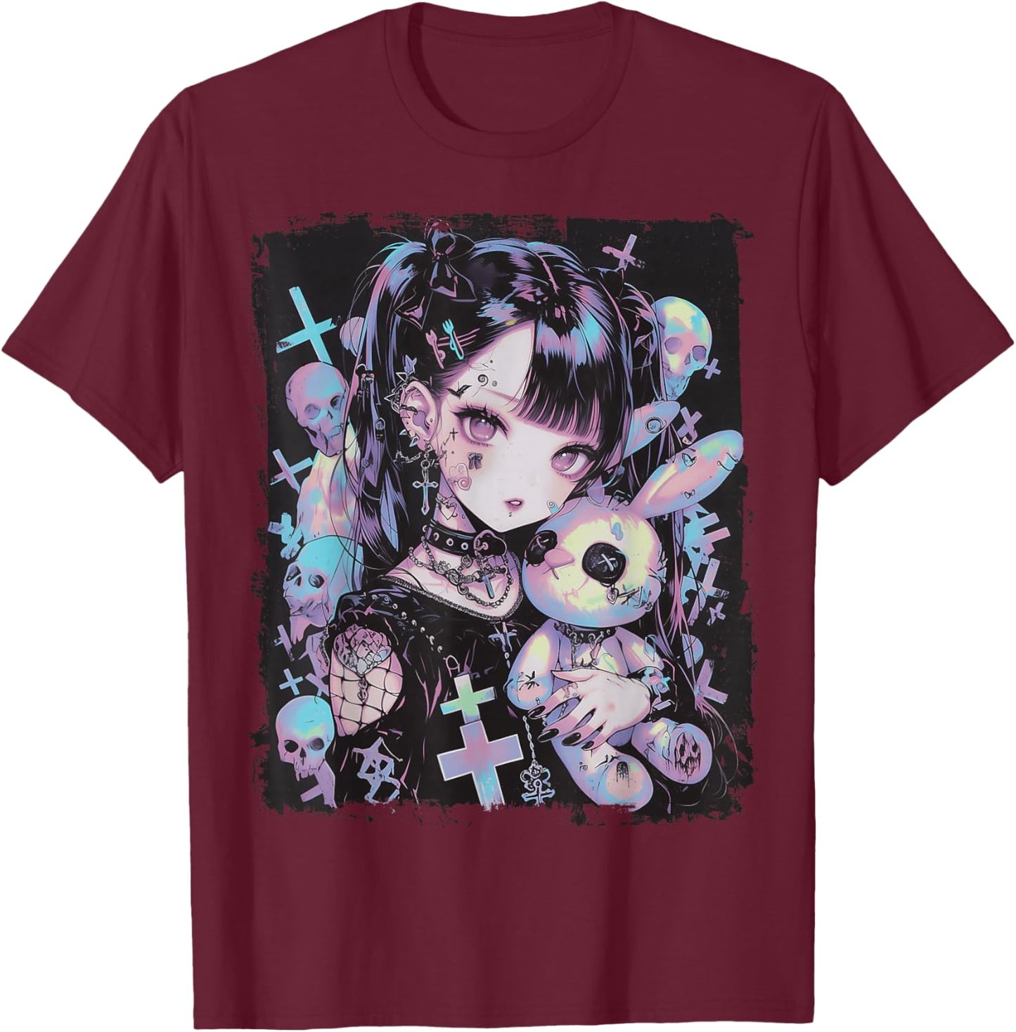 Anime Girl Goth Bunny Cute E-Girl Gothic Outfit Grunge T-Shirt - T-Shirt | Maroon