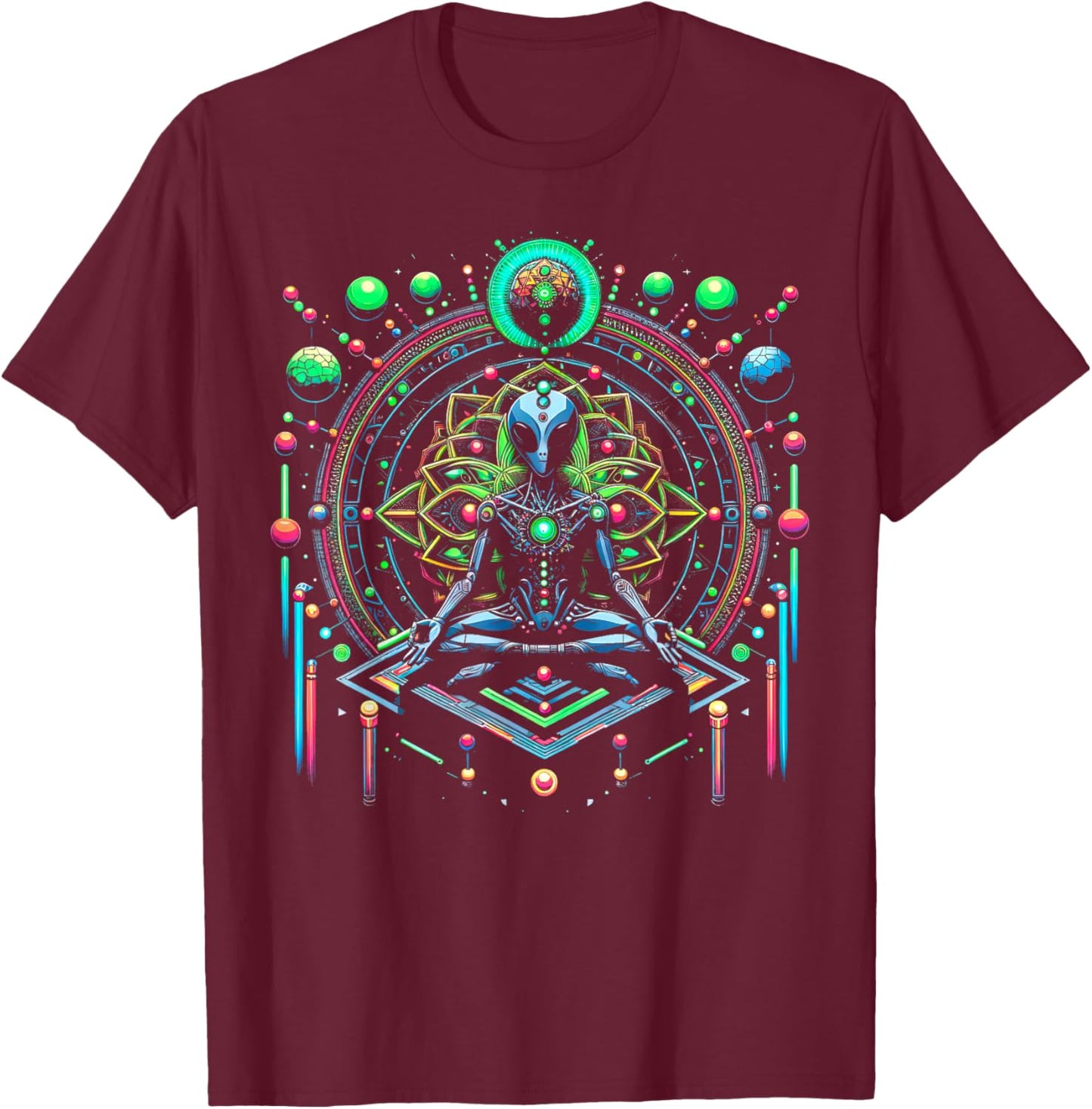 Meditation Alien with Geometric Pattern Art T-Shirt - T-Shirt | Maroon