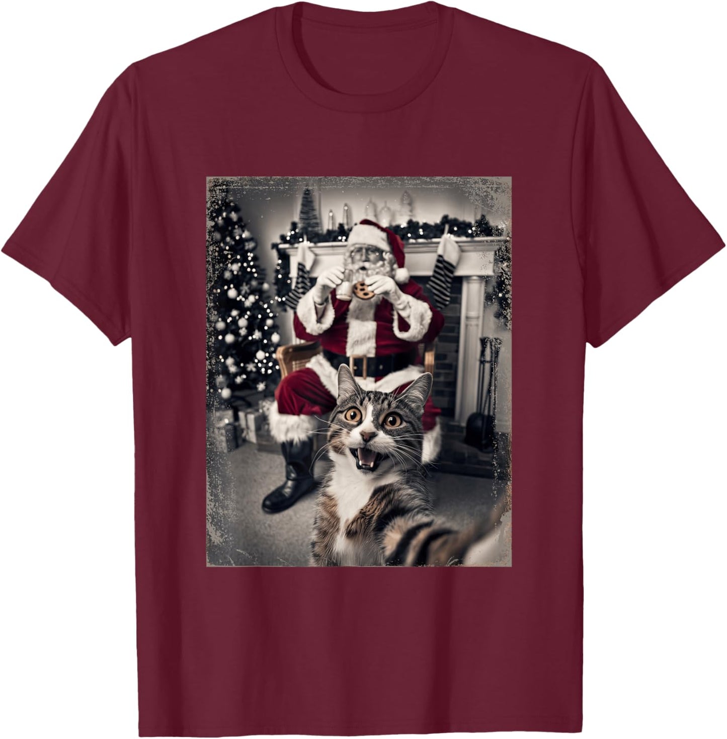 Funny Xmas Cat Selfie Santa Ugly Sweater Christmas Outfit T-Shirt - T-Shirt | Maroon