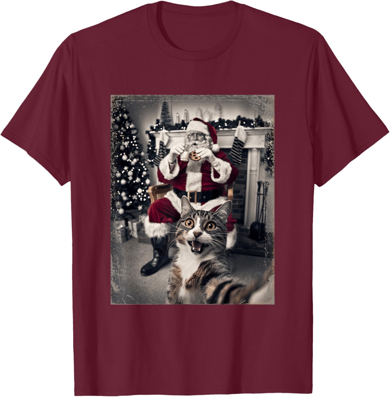 Funny Xmas Cat Selfie Santa Ugly Sweater Christmas Outfit T-Shirt - T-Shirt | Maroon