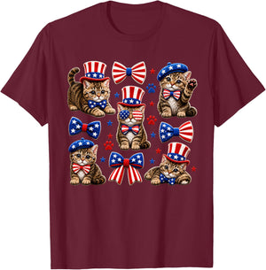 Patriotic Cat 4th of July Bow American Flag Girls Women T-Shirt - T-Shirt | Maroon