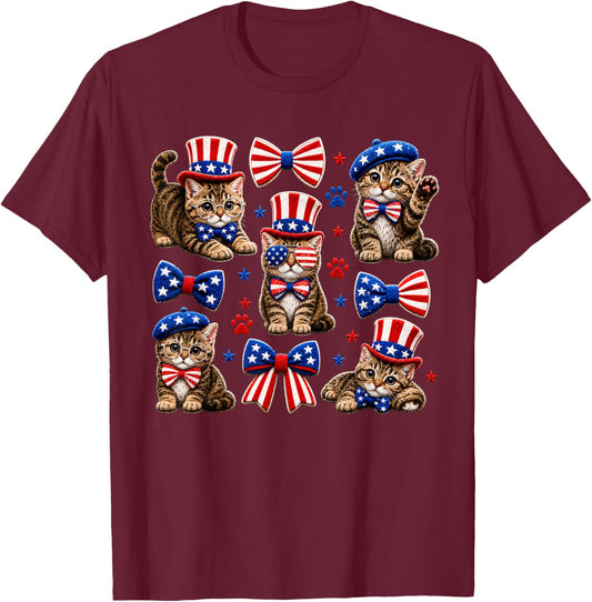 Patriotic Cat 4th of July Bow American Flag Girls Women T-Shirt - T-Shirt | Maroon